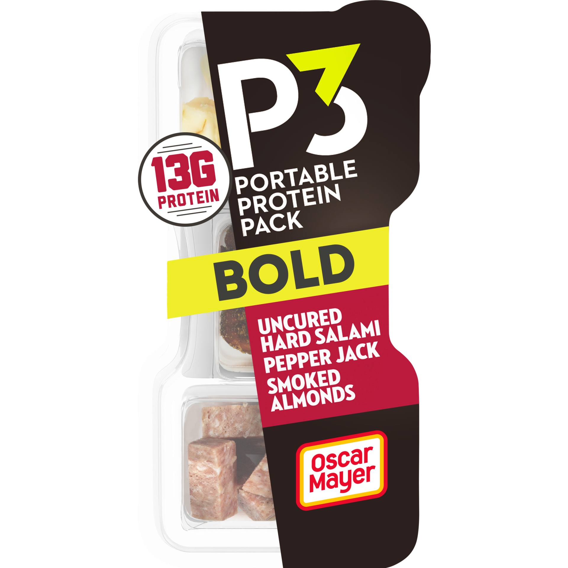 slide 1 of 1, P3 Bold Portable Protein Snack Pack with Uncured Hard Salami, Pepper Jack Cheese & Smoked Almonds Tray, 2 oz