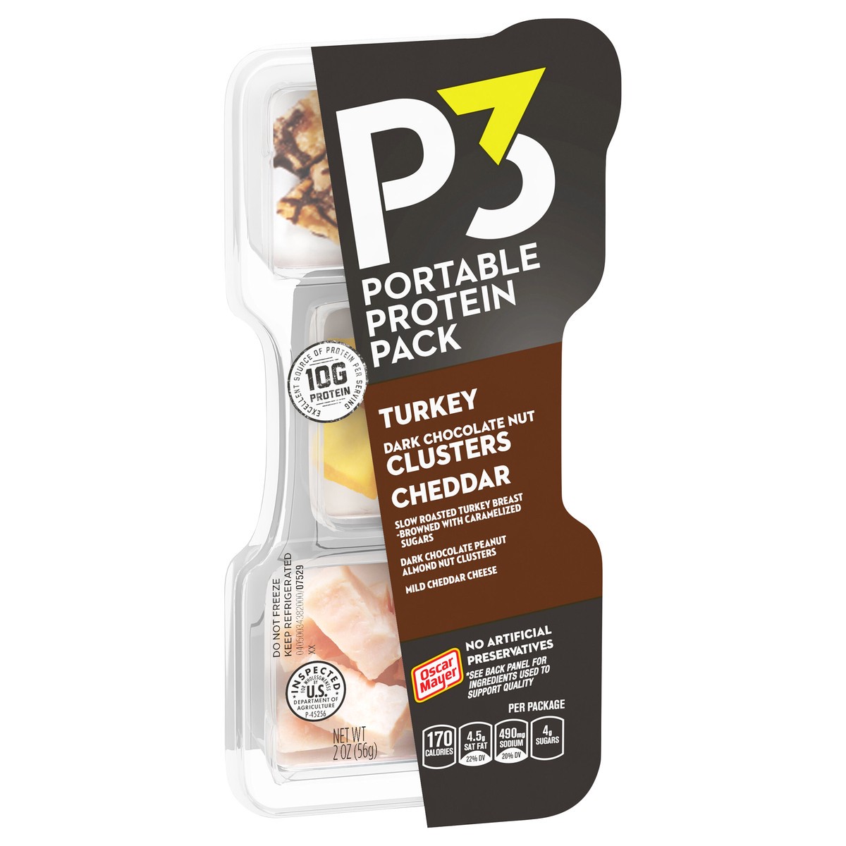 slide 3 of 9, P3 Portable Protein Pack Portable Protein Snack Pack with Dark Chocolate Almond Nut Clusters, Turkey & Cheddar Cheese - 2oz, 2 oz