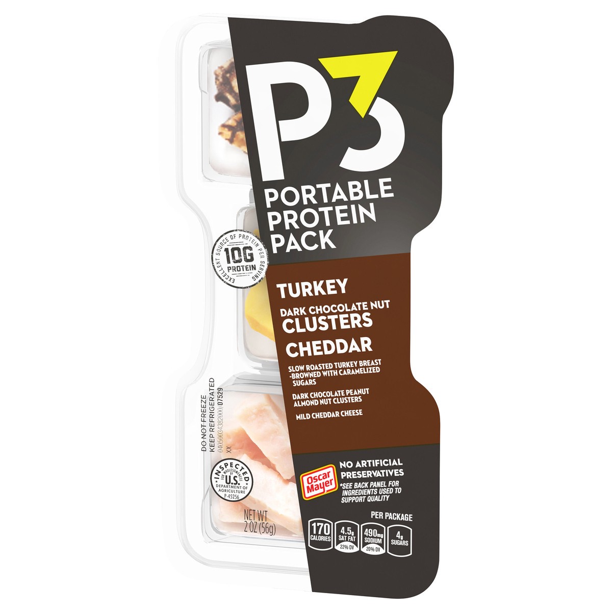 slide 6 of 9, P3 Portable Protein Snack Pack with Dark Chocolate Almond Nut Clusters, Turkey & Cheddar Cheese, 2 oz Tray, 2 oz