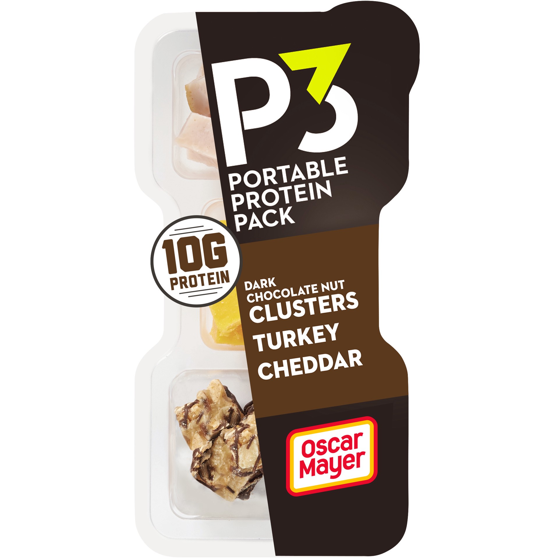 slide 1 of 9, P3 Portable Protein Snack Pack with Dark Chocolate Almond Nut Clusters, Turkey & Cheddar Cheese, 2 oz Tray, 2 oz