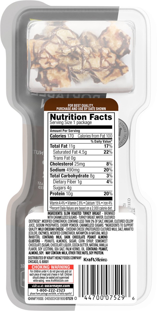 slide 6 of 9, P3 Portable Protein Pack Portable Protein Snack Pack with Dark Chocolate Almond Nut Clusters, Turkey & Cheddar Cheese - 2oz, 2 oz