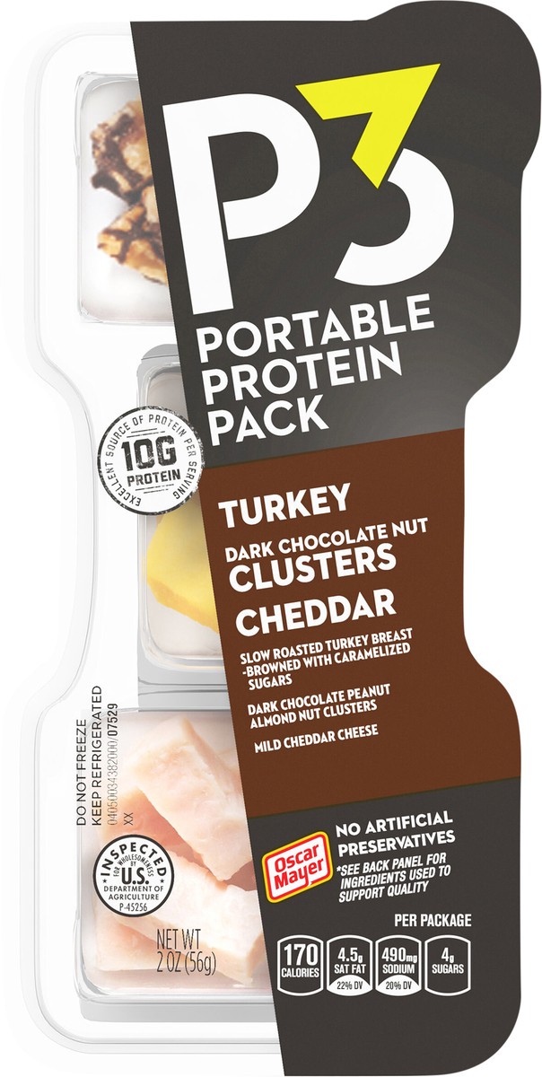 slide 2 of 9, P3 Portable Protein Snack Pack with Dark Chocolate Almond Nut Clusters, Turkey & Cheddar Cheese, 2 oz Tray, 2 oz