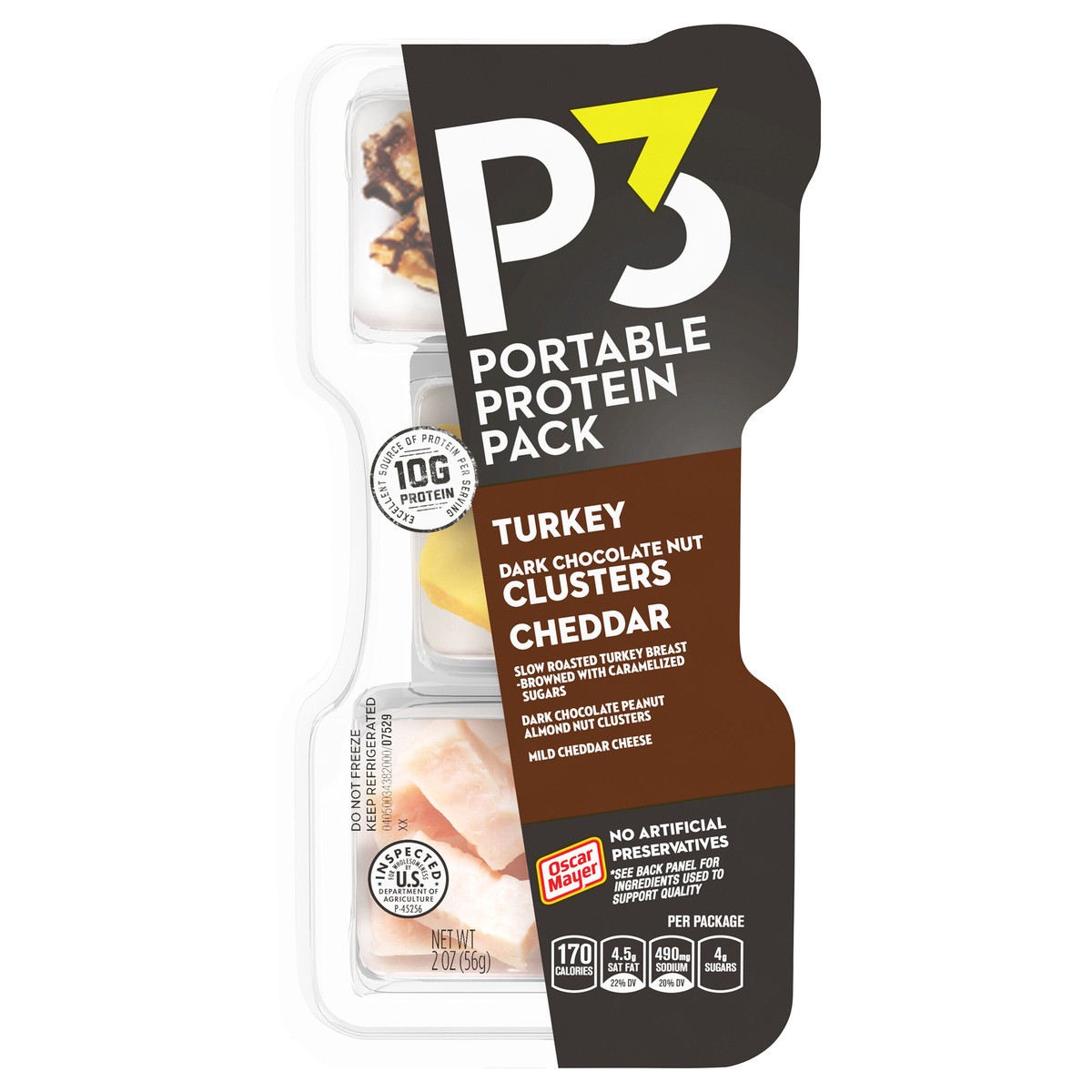 slide 1 of 9, P3 Portable Protein Snack Pack with Dark Chocolate Almond Nut Clusters, Turkey & Cheddar Cheese, 2 oz Tray, 2 oz