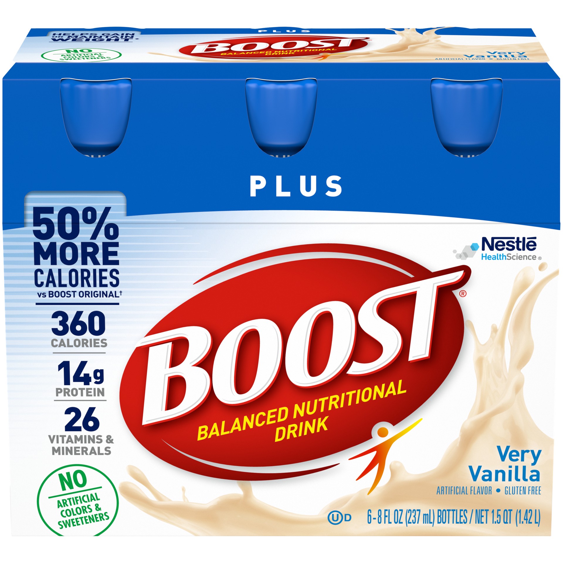 slide 1 of 9, Boost Plus Nutritional Drink, Very Vanilla, 14 g Protein, 6 - 8 fl oz Bottles, 6 ct; 8 oz