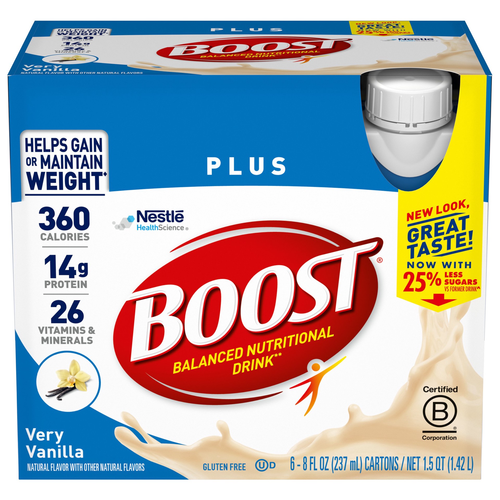 slide 1 of 9, Boost Plus Ready to Drink Nutritional Drink, Very Vanilla, 14 g Protein, 6 - 8 fl oz Cartons, 6 ct; 8 oz