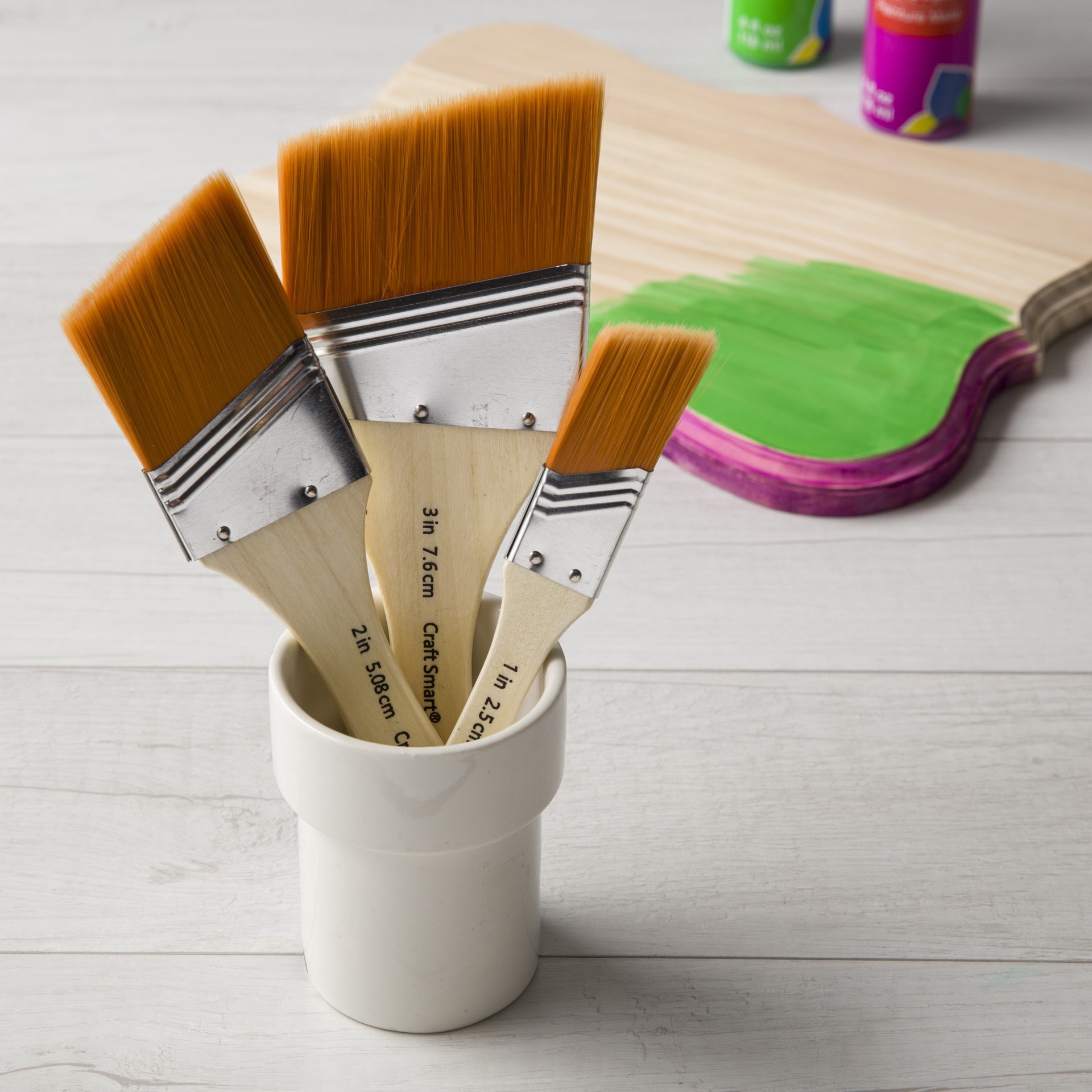 slide 4 of 4, Gold Taklon Large Area Angular Brush Pack By Craft Smart, 1 in, 2 in, and 3 in brushes