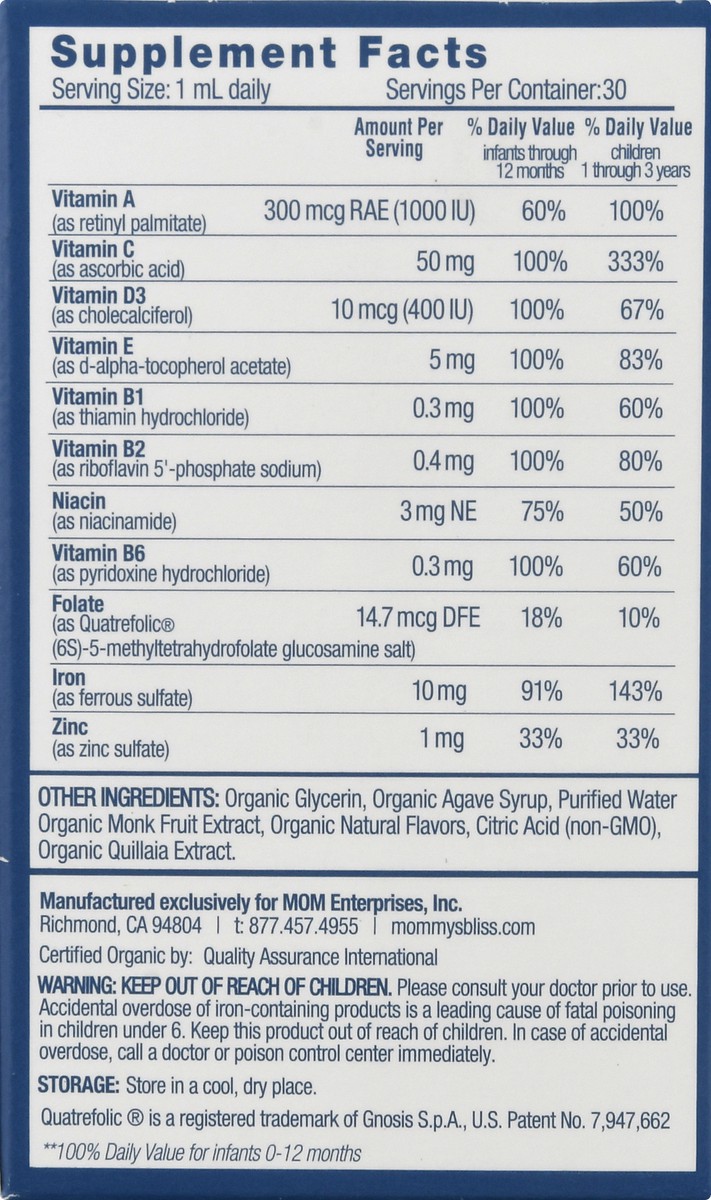 slide 3 of 9, Mommy's Bliss Age 2 Months+ Baby Multivitamin + Iron 1 oz, 1 oz