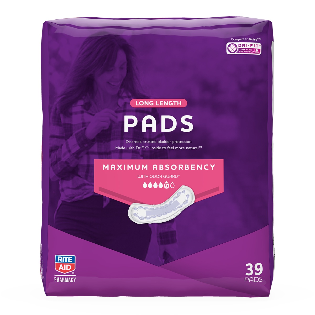 slide 1 of 1, Rite Aid Bladder Control Pads for Women, Maximum Absorbency, Long Length, 39 ct