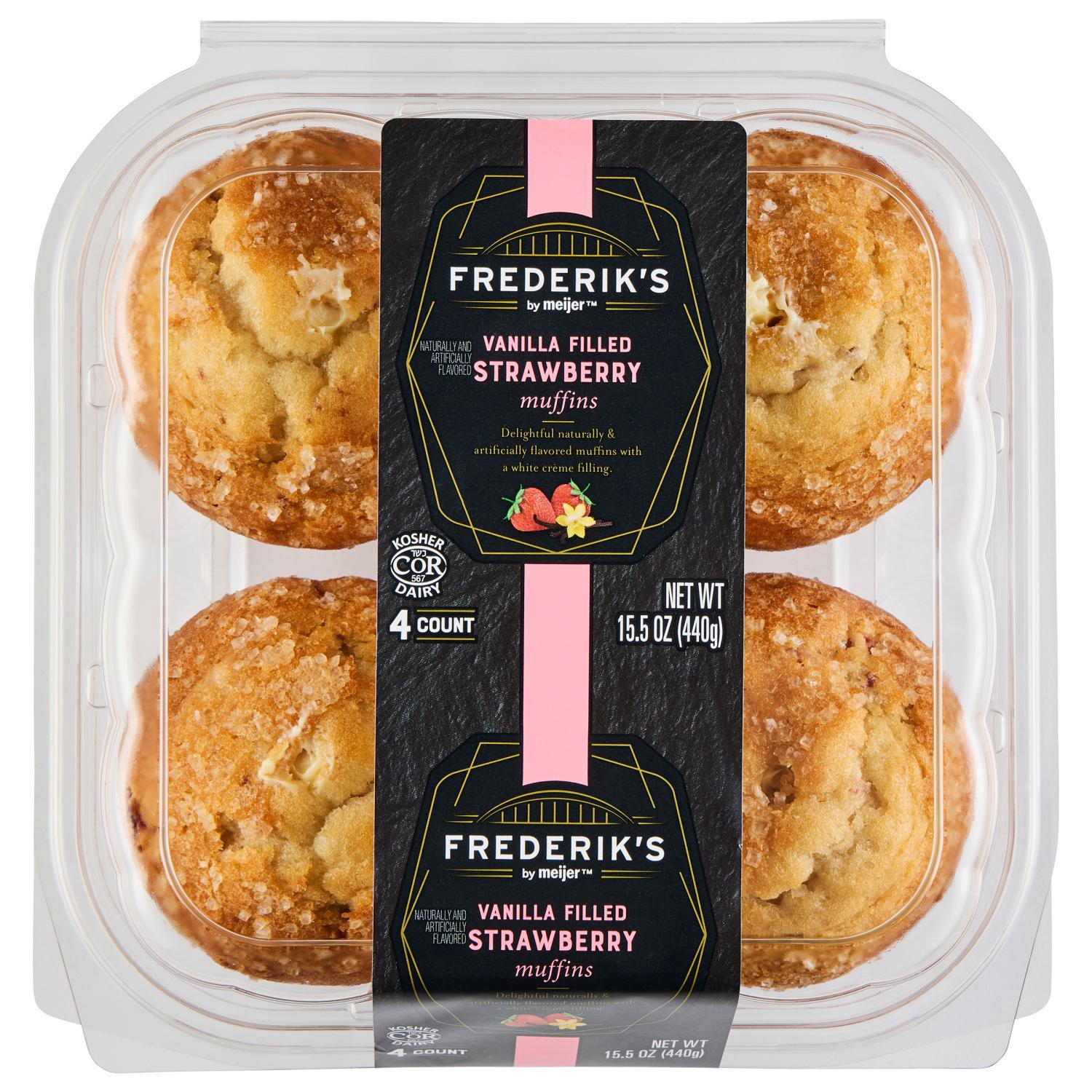 slide 1 of 4, FREDERIKS BY MEIJER Frederik's By Meijer Vanilla Filled Strawberry Muffins, 15.5 Oz, 4 Pk, 4 ct; 15.5 oz