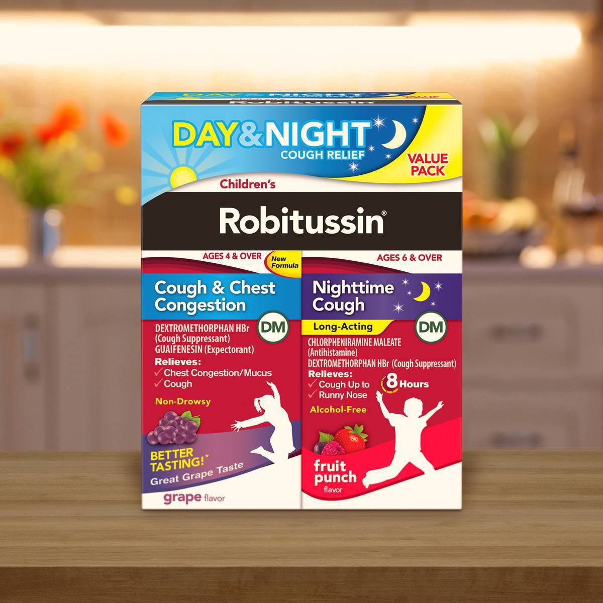 slide 4 of 5, Robitussin Children's Robitussin Day/Night Cough & Chest Congestion DM - Dextromethorphan - Grape & Fruit Punch Flavors - 4 fl oz/2pk, 2 ct; 4 fl oz