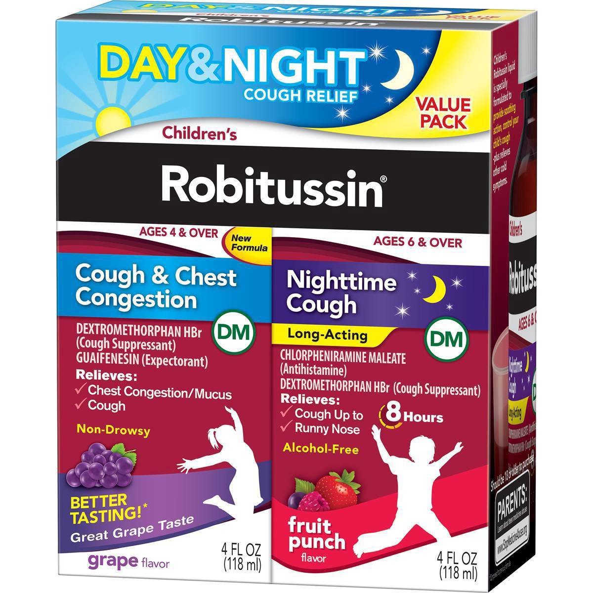 slide 5 of 5, Robitussin Children's Robitussin Day/Night Cough & Chest Congestion DM - Dextromethorphan - Grape & Fruit Punch Flavors - 4 fl oz/2pk, 2 ct; 4 fl oz