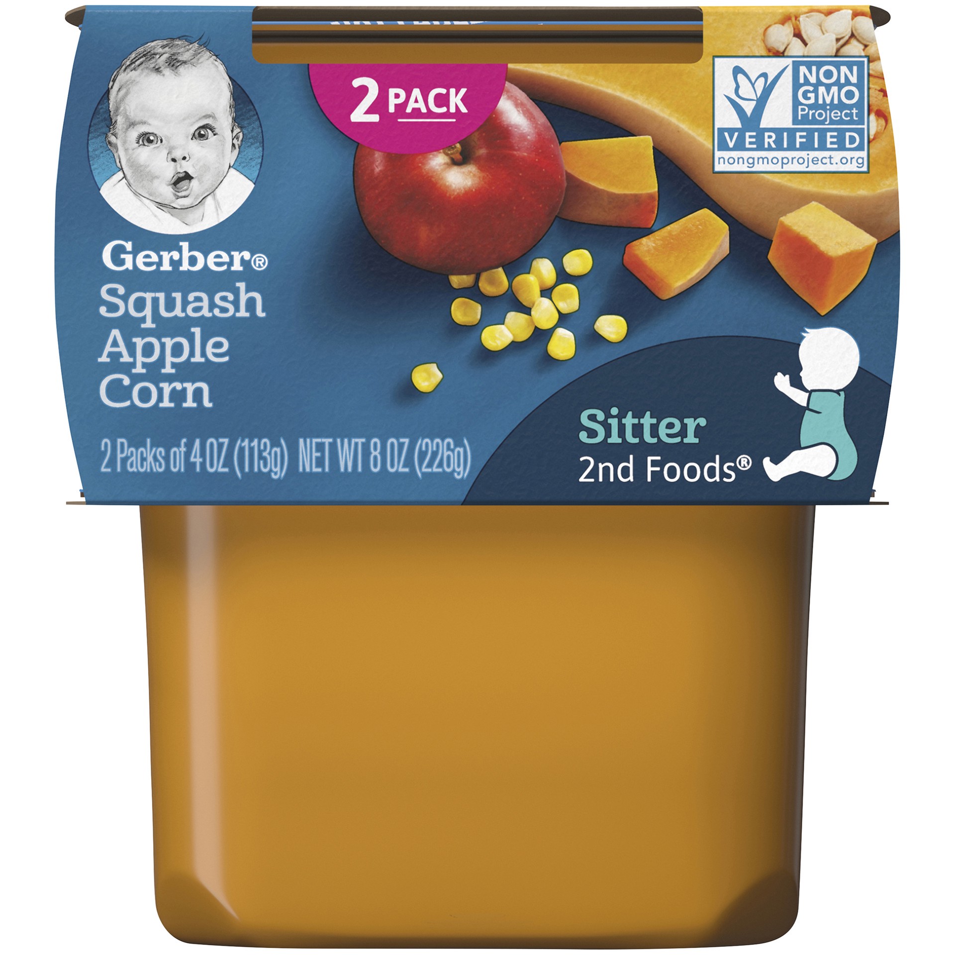 slide 1 of 5, Gerber (Pack of 2) Gerber 2nd Foods Squash Apple Corn Baby Food, 4 oz Tubs, 8 oz