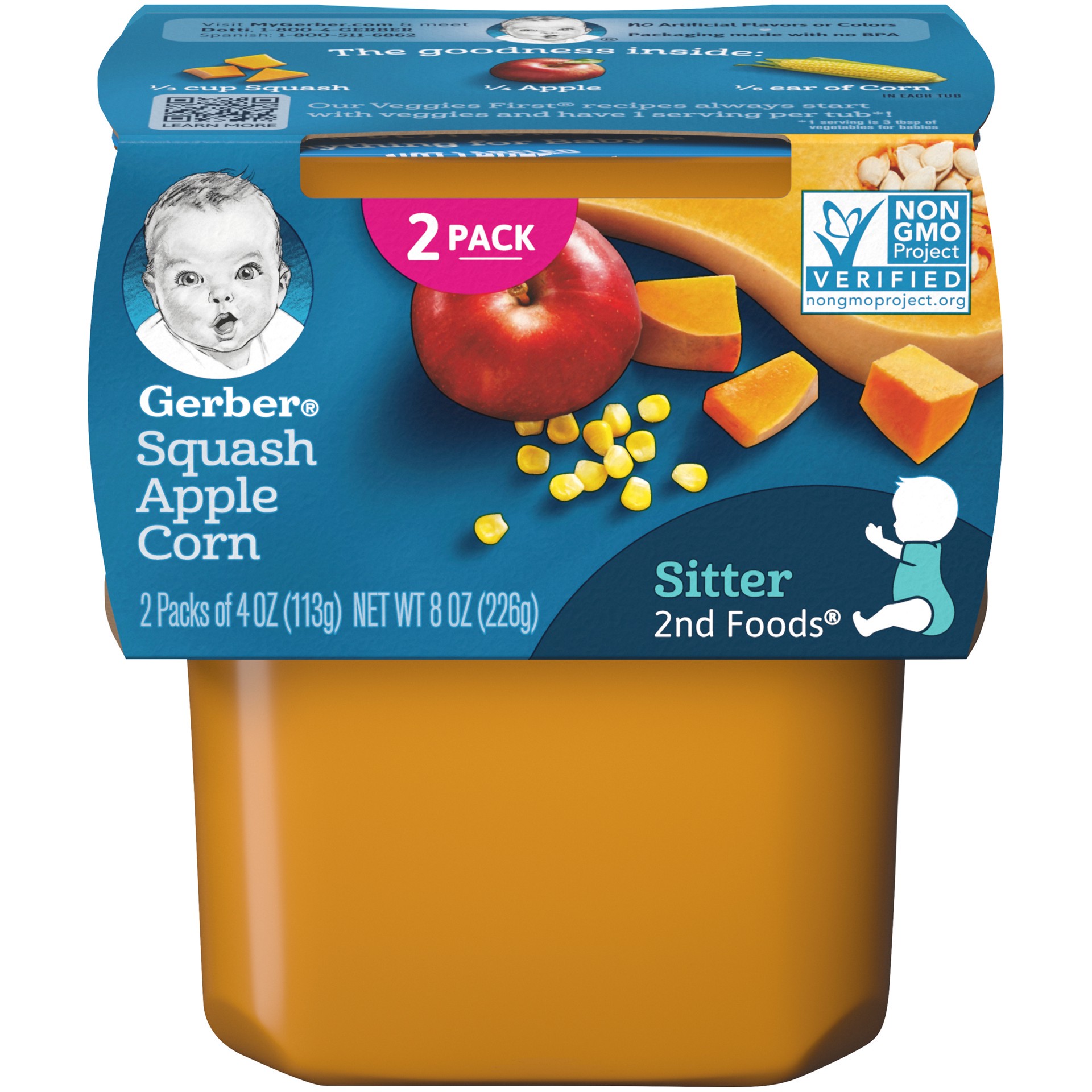 slide 1 of 5, Gerber (Pack of 2) Gerber 2nd Foods Squash Apple Corn Baby Food, 4 oz Tubs, 8 oz