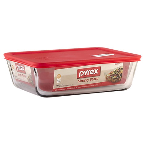 slide 1 of 1, Pyrex Simply Store Glass Storage With Red Lid Rectangular 11 Cup - Each, 1 ct