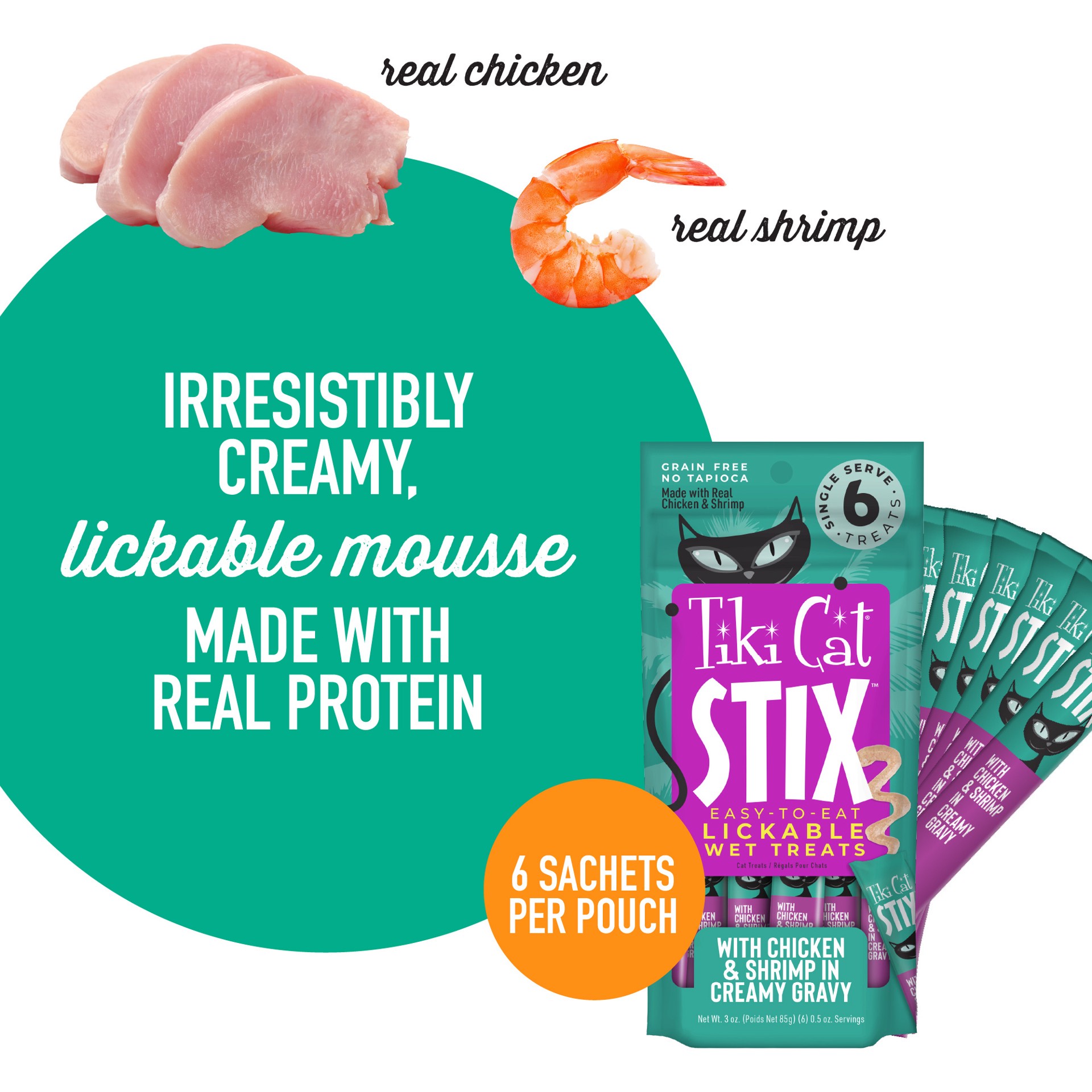slide 3 of 7, Tiki Cat Stix Wet Cat Treats - Chicken & Shrimp in Creamy Gravy, Grain Free, 6 ct