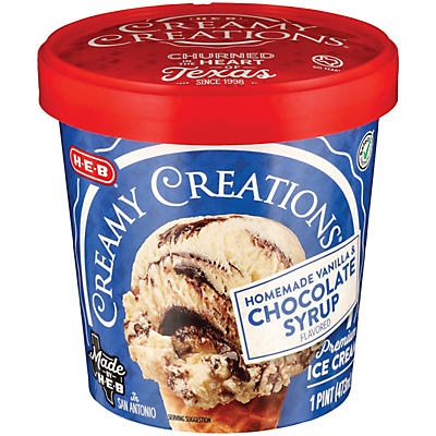 slide 1 of 1, H-E-B Select Ingredients Creamy Creations Homemade Vanilla & Chocolate Syrup Ice Cream, 1 pint