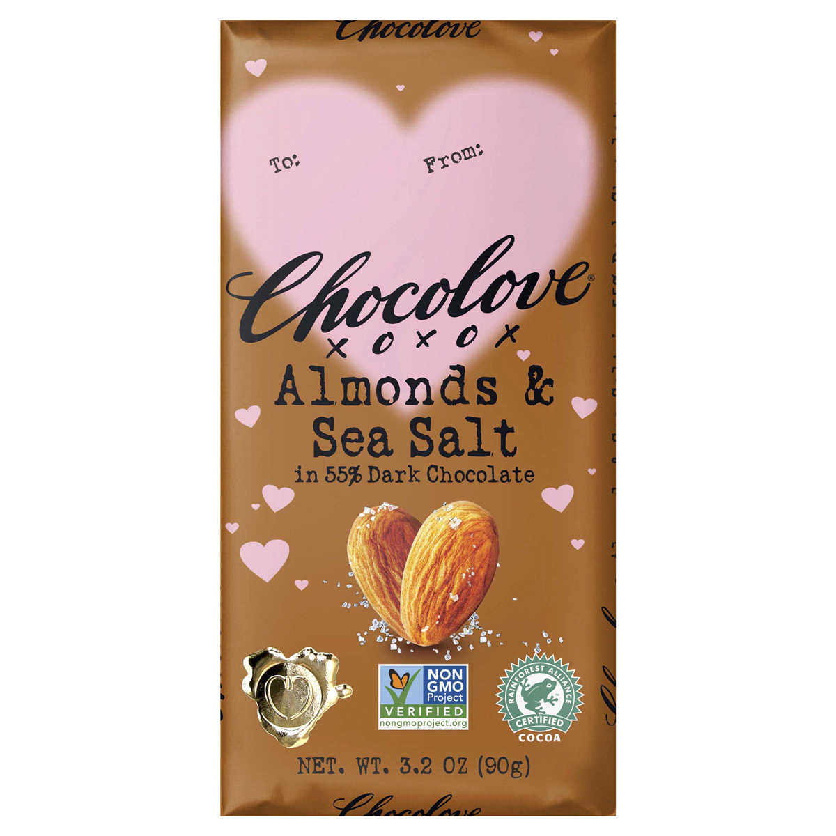 slide 1 of 1, Chocolove Valentine's Almonds & Sea Salt Dark Chocolate Bar, 3.2 oz