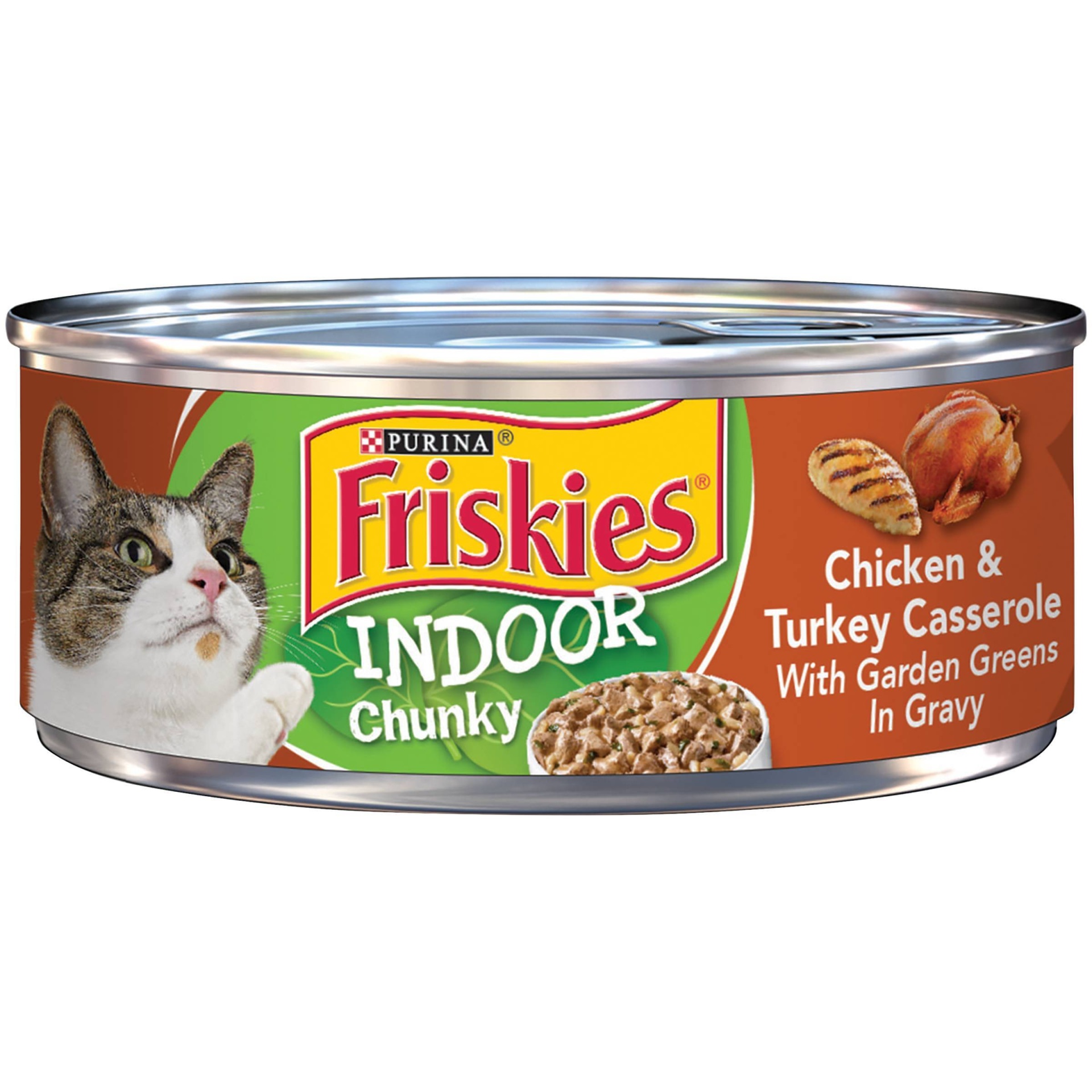 slide 1 of 4, Purina Friskies Indoor Chunky Chicken Turkey Casserole With Garden Greens Cat Food In Gravy, 5.5 oz