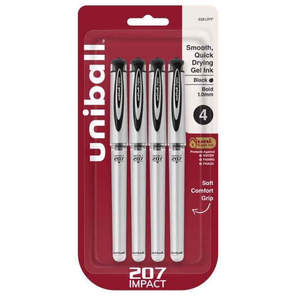 slide 1 of 8, uni-ball 207 Impact Gel Pens, Bold Point, Black; Gray Barrel, Black Ink, Pack Of 4, 4 ct