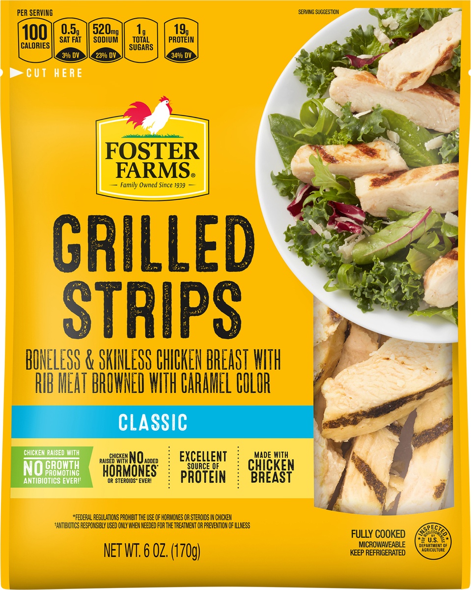 slide 4 of 6, Foster Farms Grilled Chicken Breast Strips, 6 oz