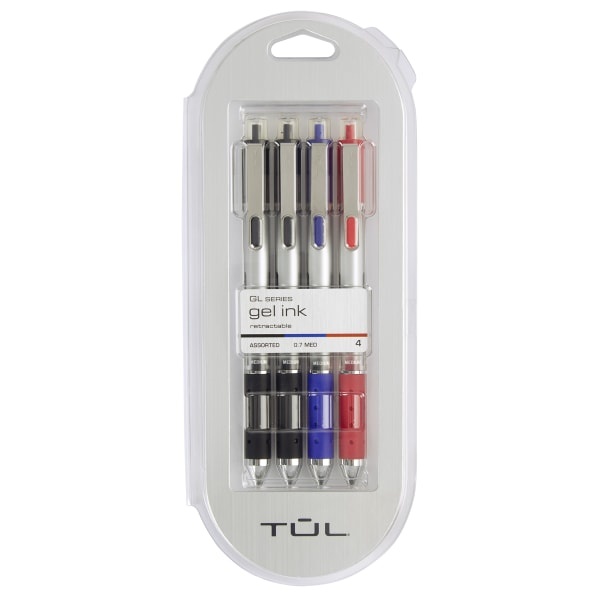 slide 1 of 5, TUL Retractable Gel Pens, Medium Point, 0.7 Mm, Silver Barrel, Assorted Inks, Pack Of 4 Pens, 4 ct