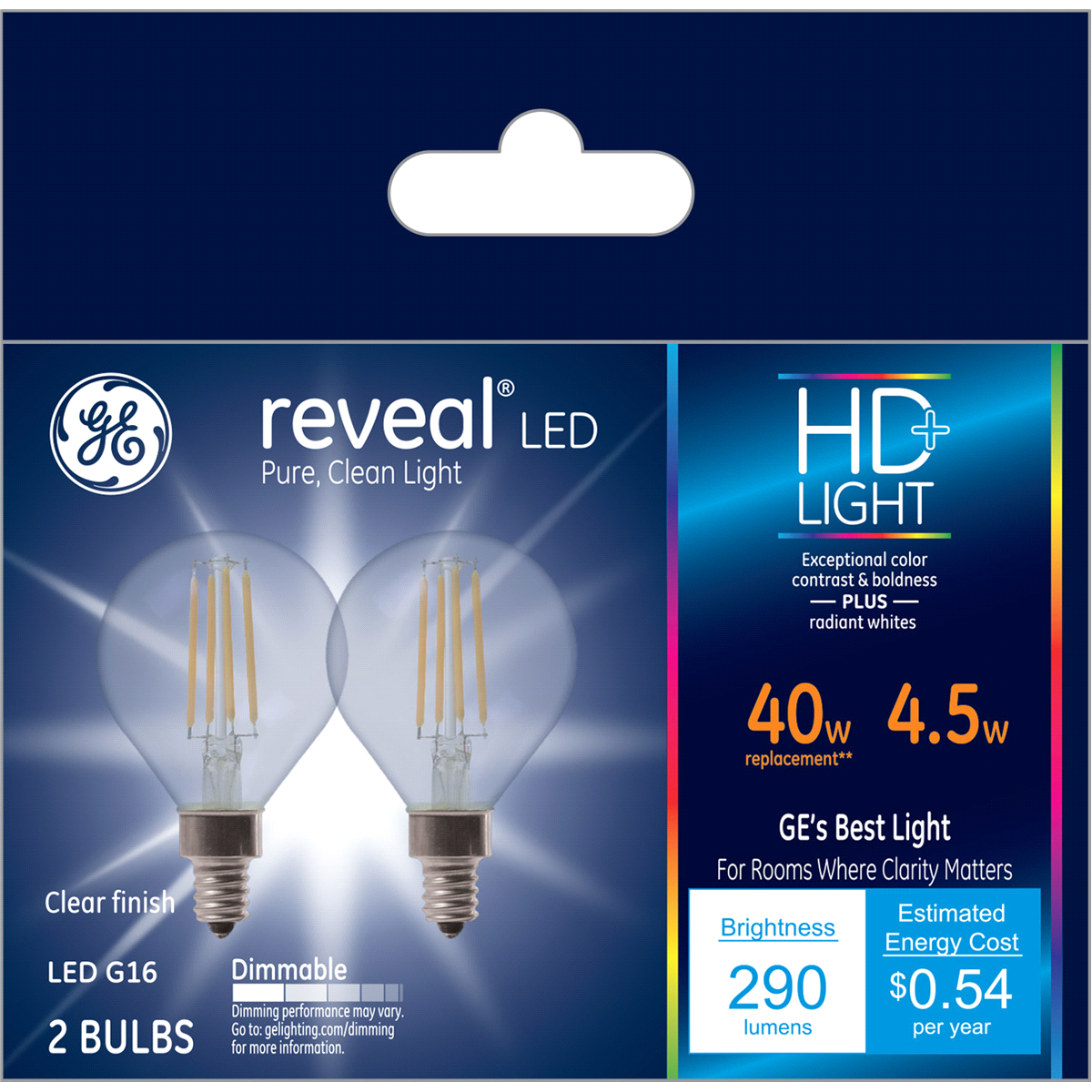 slide 1 of 9, GE Reveal 40 W Equivalent Dimmable Color-enhancing G16 LED Light Fixture Light Bulbs, 2 ct
