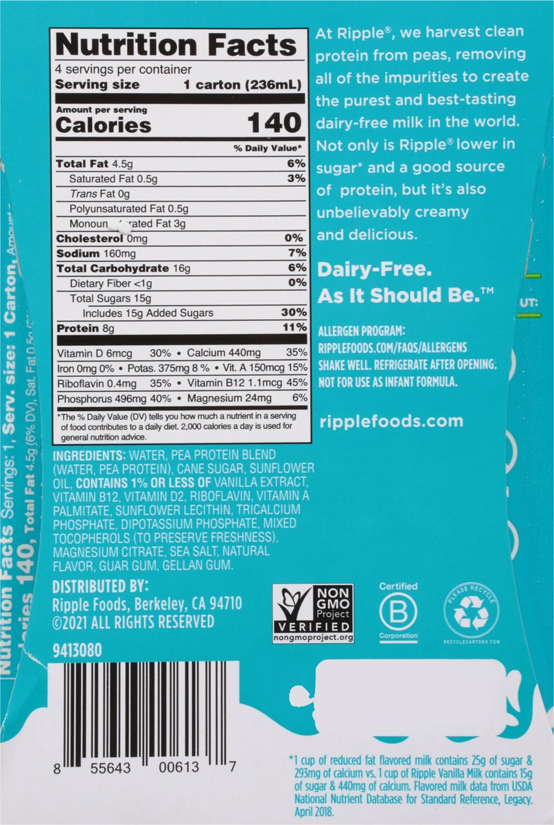 slide 7 of 9, Ripple Dairy-Free Vanilla Milk 4 - 8 fl oz Cartons, 4 ct