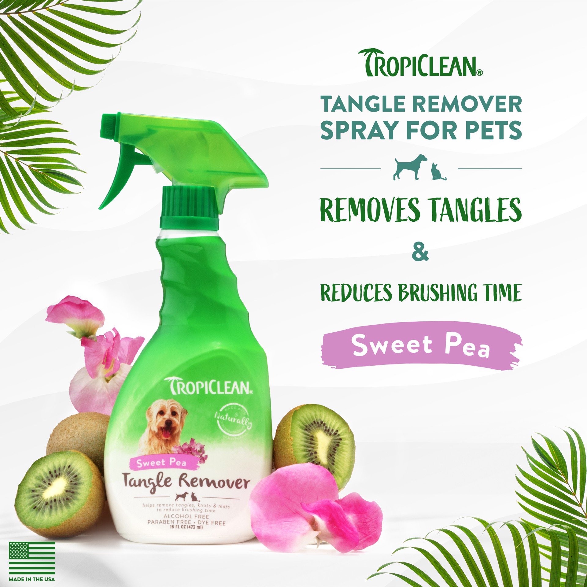 slide 4 of 10, TropiClean Sweet Pea Tangle Remover Spray for Pets, 16oz, 16 fl oz