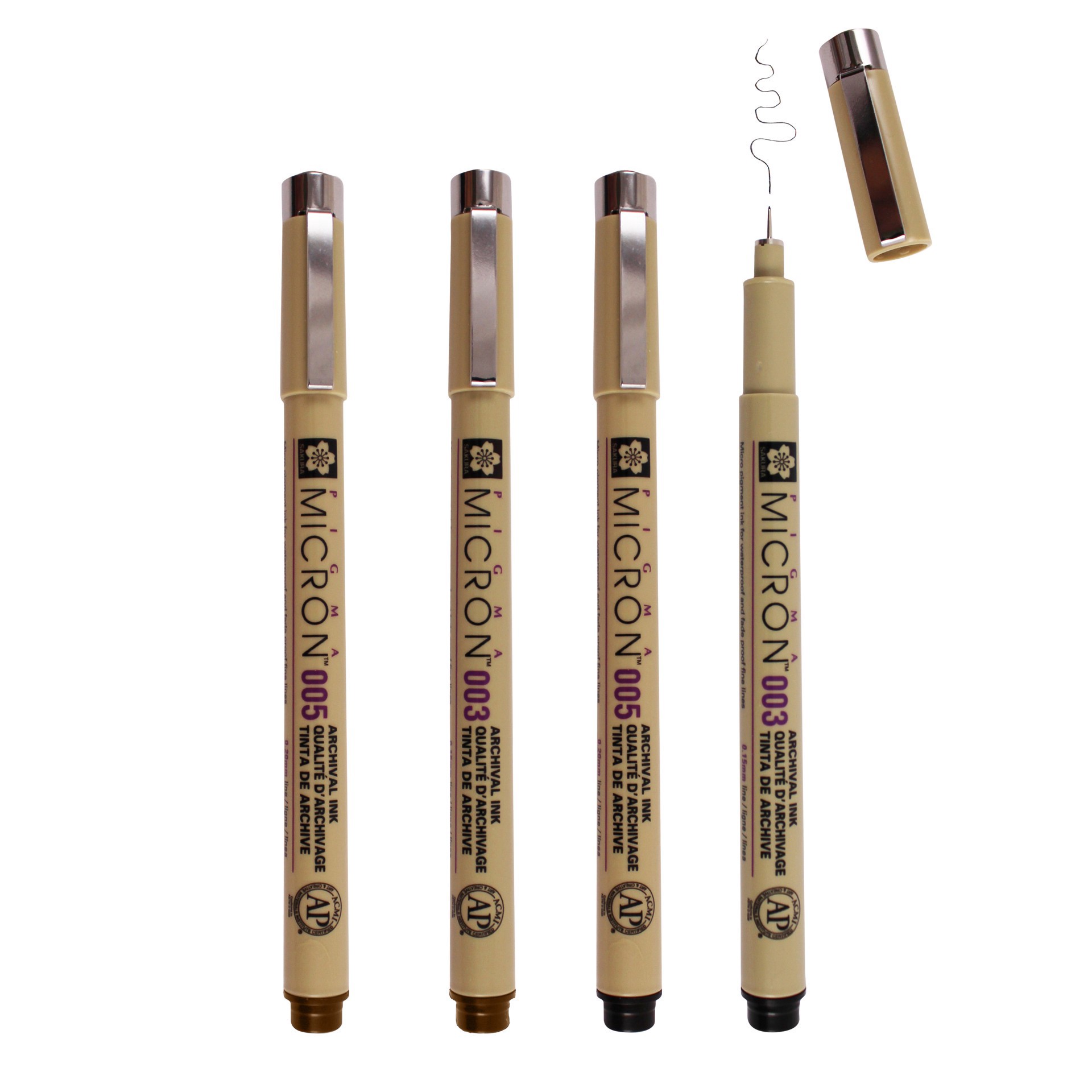 slide 4 of 5, Sakura Pigma Micron Sepia & Black Extra Fine Pen Set, includes 0.15 mm and 0.2 mm