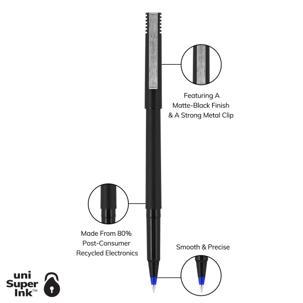 slide 2 of 5, uni-ball Rollerball Pens, Micro Point, 80% Recycled, Black Barrel, Blue Ink, Pack Of 12 Pens, 12 ct
