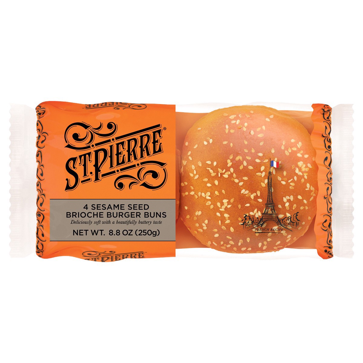 slide 1 of 5, St Pierre Sesame Seed Brioche Burger Buns, 4 count, Hamburger Buns, 8.8 oz Bag, 4 ct