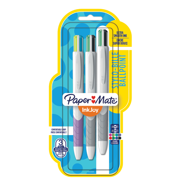 slide 1 of 3, Paper Mate Inkjoy Quatro Retractable Ballpoint Pens, Medium Point, 1.0 Mm, White Barrels, Assorted Ink Colors, Pack Of 3, 3 ct