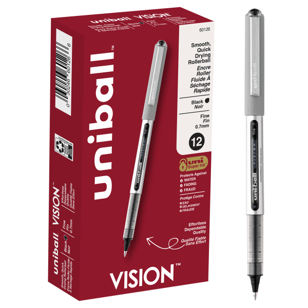 slide 1 of 8, uni-ball Vision Rollerball Pens, Fine Point, Gray Barrel, Black Ink, Pack Of 12, 12 ct