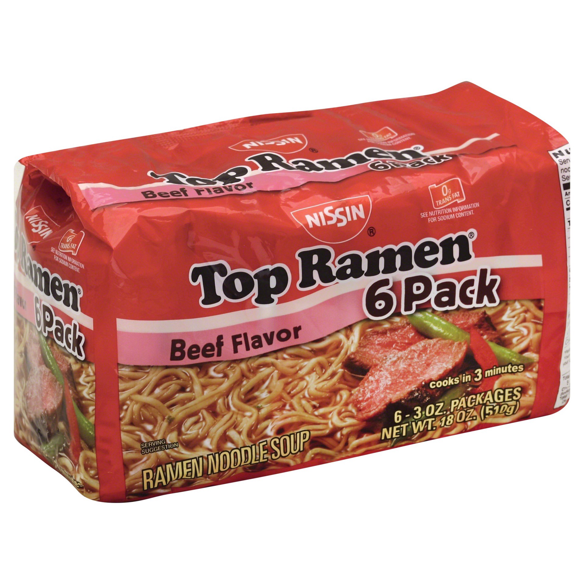 slide 1 of 9, Top Ramen Beef Flavor Ramen Noodle Soup 6 - 3 oz Packages, 6 ct