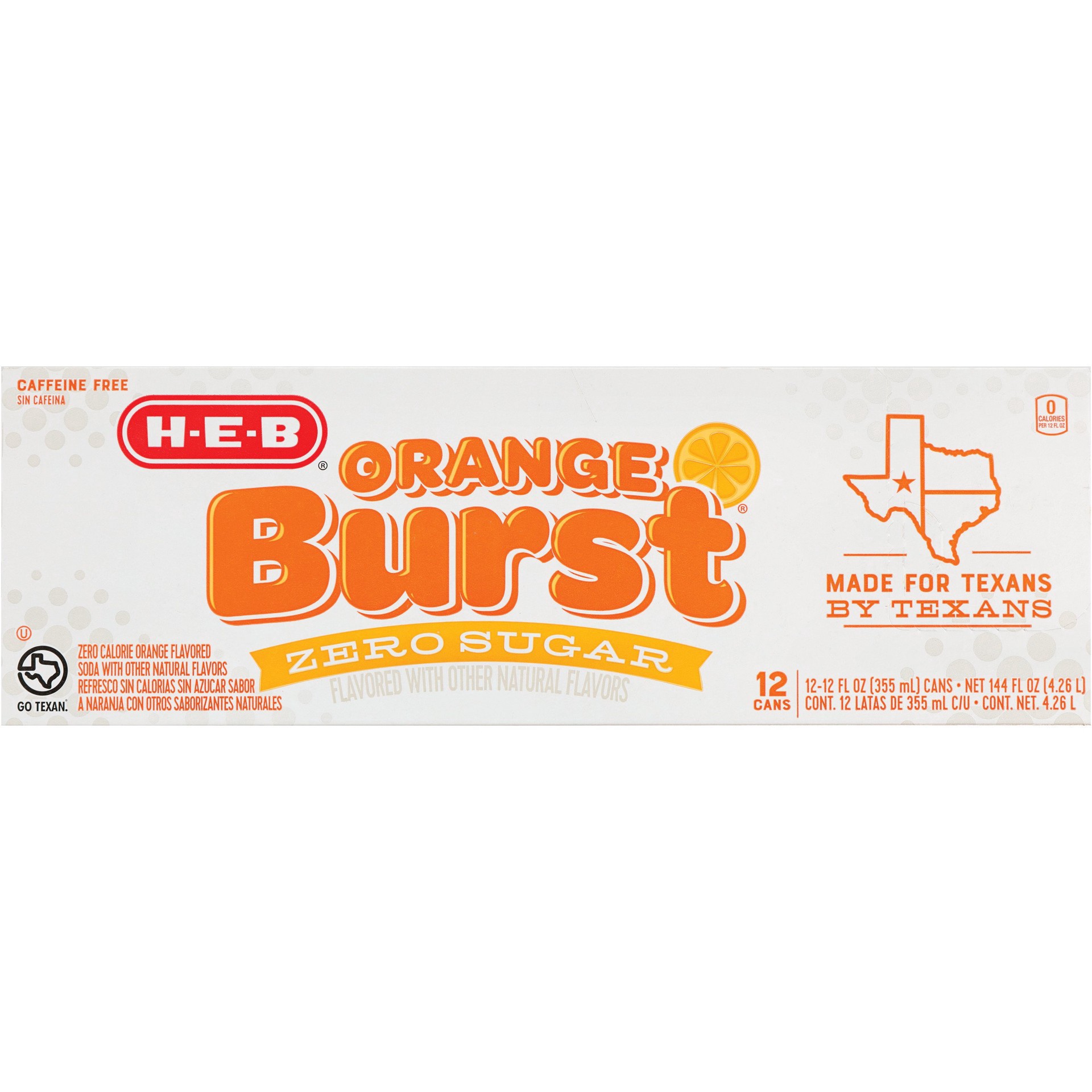 slide 1 of 1, H-E-B Zero Sugar Orange Burst Soda 12 pk Cans, 12 ct; 12 fl oz