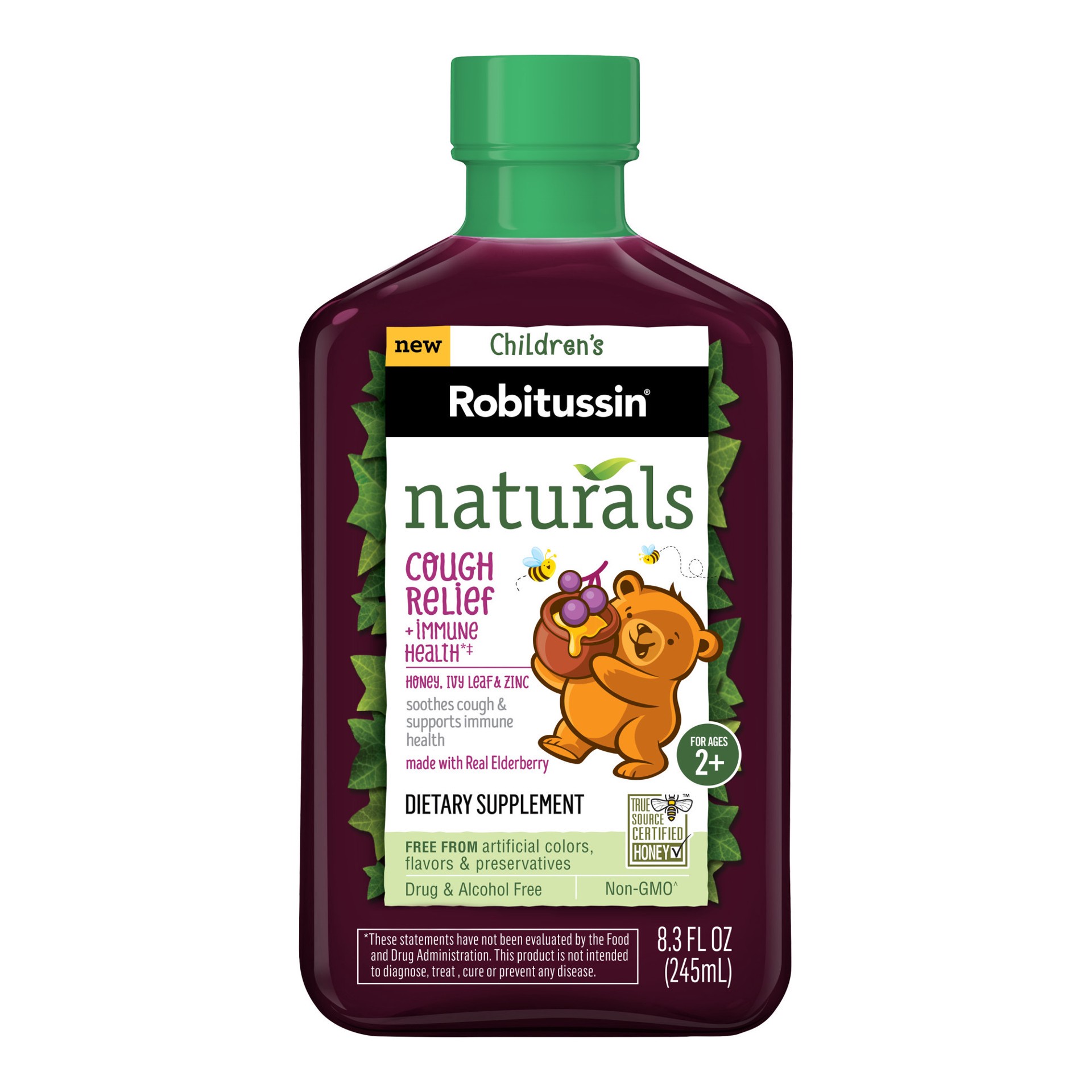 slide 2 of 2, Robitussin Children's Robitussin Naturals Cough + Immune Health Dietary Supplement with Honey, Ivy Leaf, Zinc and Elderberry for Cough Relief, Natural Honey Flavor - 8.3 Oz Syrup, 8.3 fl oz