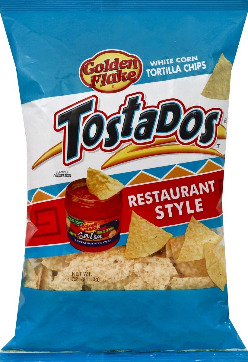 slide 4 of 5, Golden Flake Tostados Tortilla Chips, White Corn, Restaurant Style, 11 oz