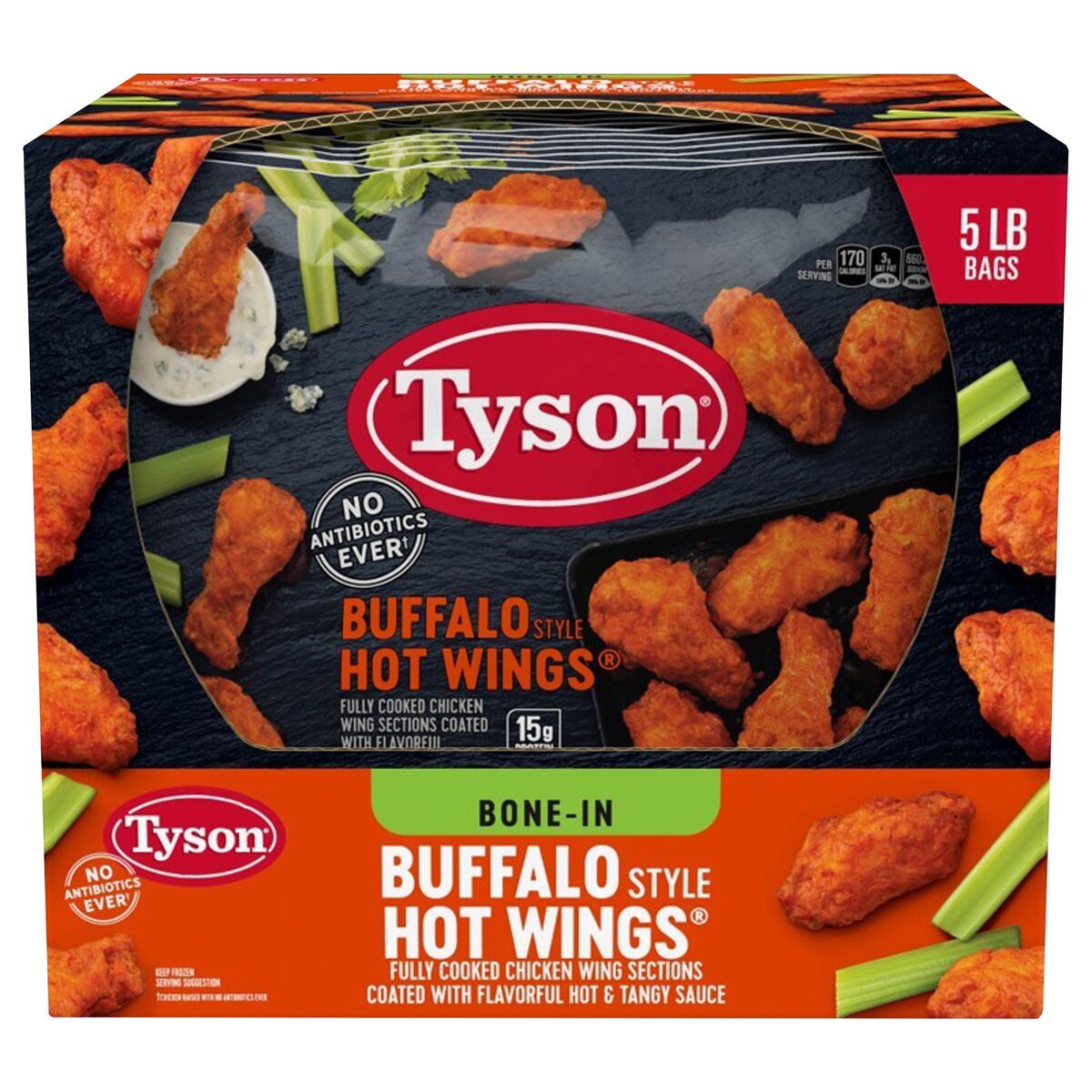 slide 1 of 8, Tyson Fully Cooked Bone-In Buffalo Style Hot Chicken Wings, 5 lb. (Frozen), 2.27 kg