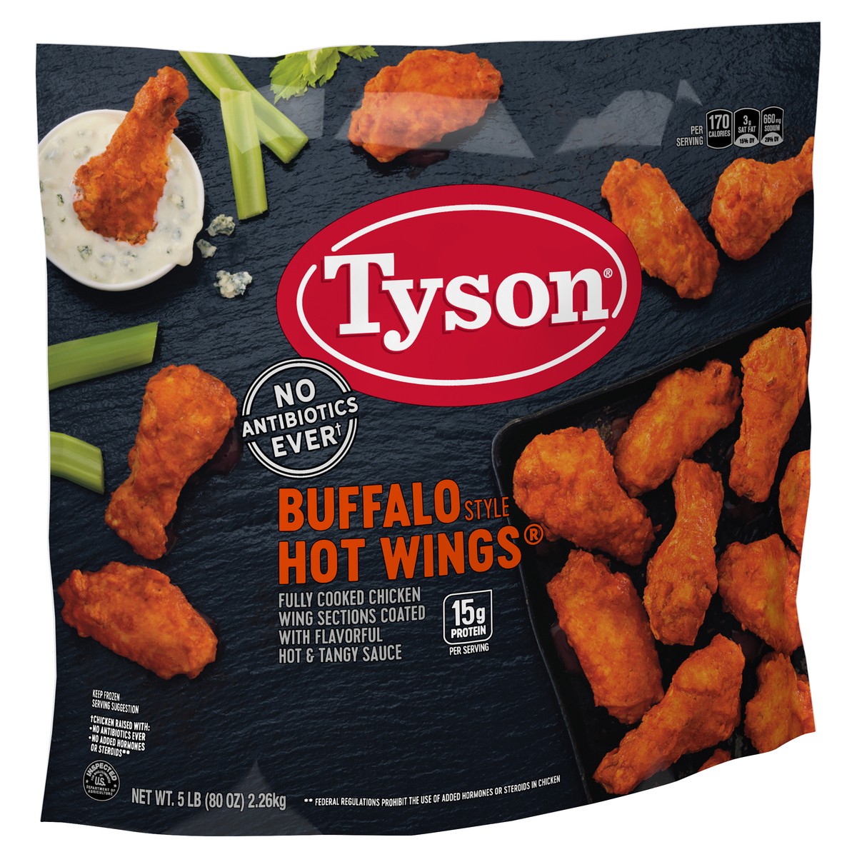 slide 2 of 8, Tyson Fully Cooked Bone-In Buffalo Style Hot Chicken Wings, 5 lb. (Frozen), 2.27 kg