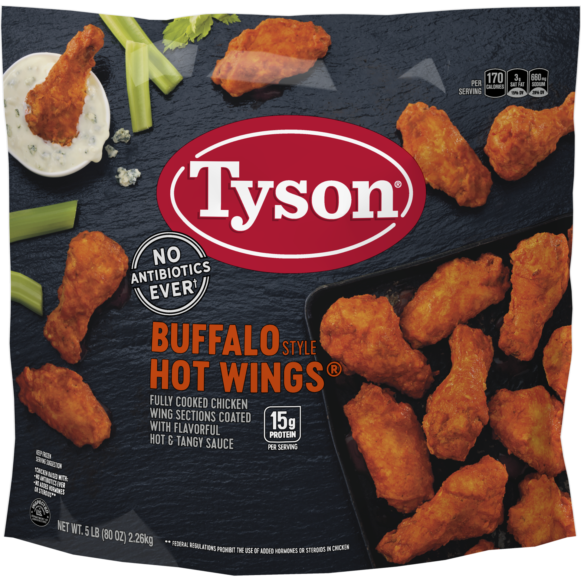 slide 1 of 8, Tyson Fully Cooked Bone-In Buffalo Style Hot Chicken Wings, 5 lb. (Frozen), 2.27 kg