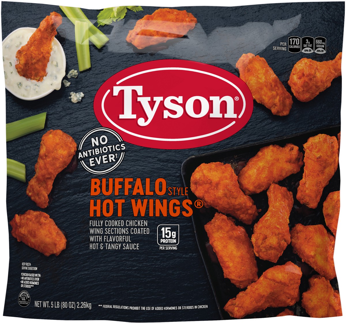 slide 4 of 8, Tyson Fully Cooked Bone-In Buffalo Style Hot Chicken Wings, 5 lb. (Frozen), 2.27 kg