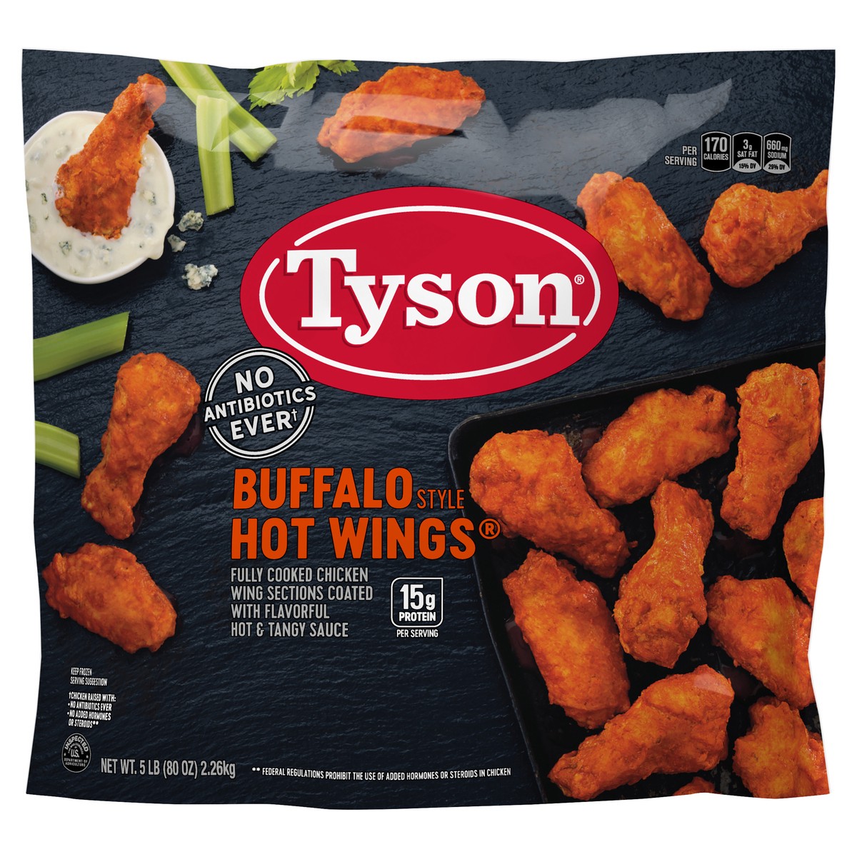 slide 5 of 8, Tyson Fully Cooked Bone-In Buffalo Style Hot Chicken Wings, 5 lb. (Frozen), 2.27 kg