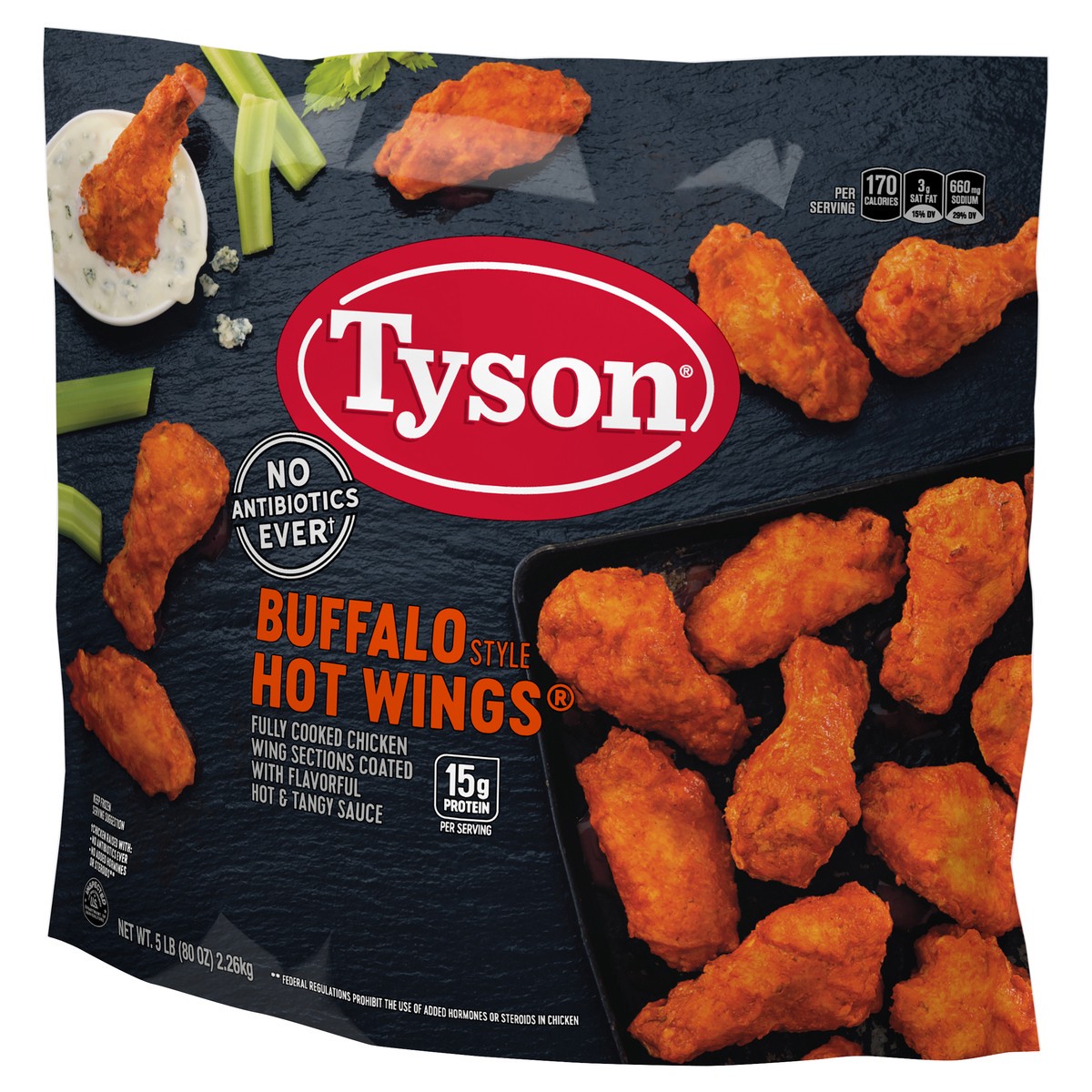 slide 6 of 8, Tyson Fully Cooked Bone-In Buffalo Style Hot Chicken Wings, 5 lb. (Frozen), 2.27 kg