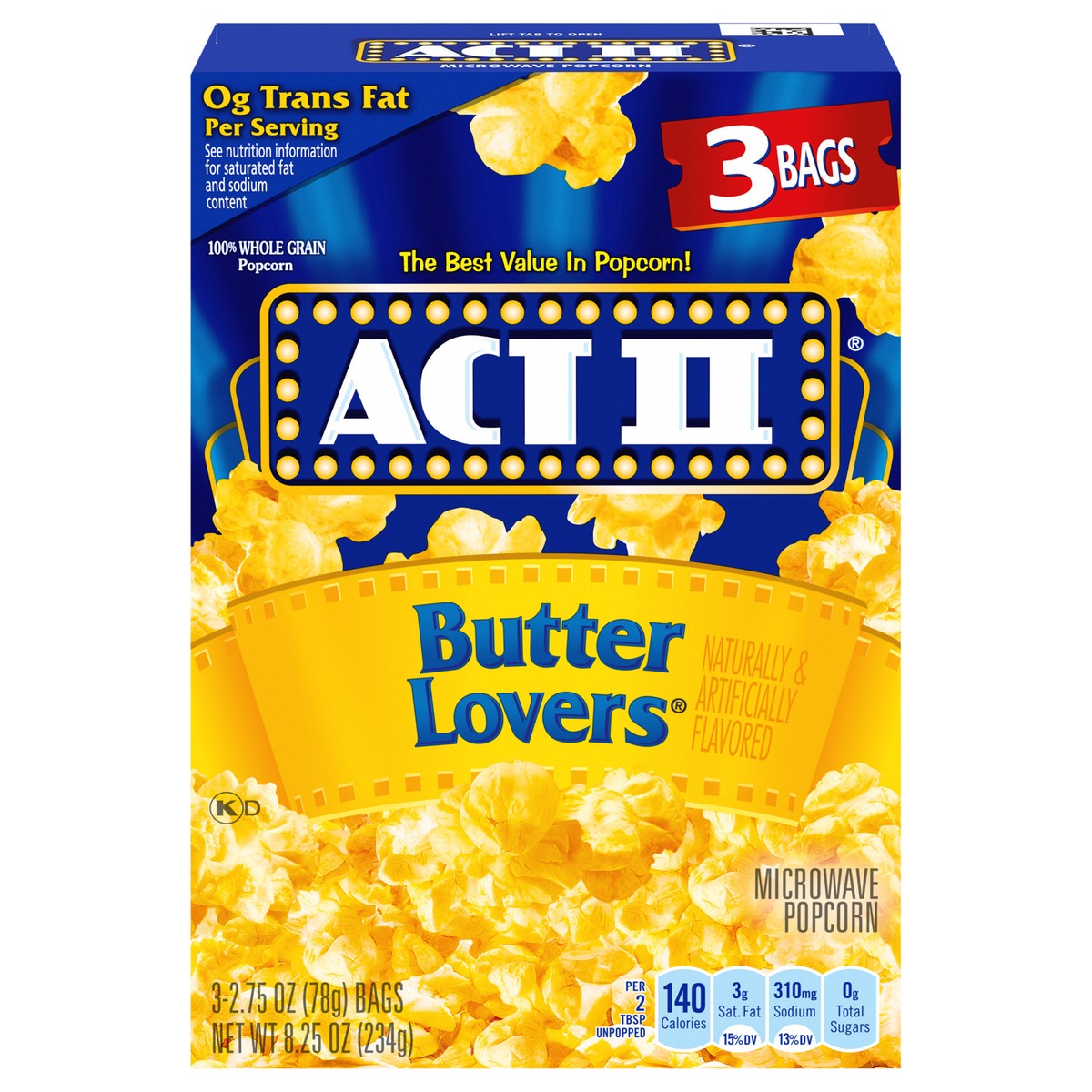 slide 1 of 1, ACT II Butter Lovers Microwave Popcorn, 3-Count 2.75-oz. Bags, 8.25 oz