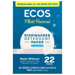 Ecos Plant Powered Free & Clear Dishwasher Detergent Packs 22 ct