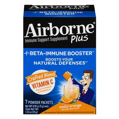 slide 1 of 1, Airborne Plus +Beta-Immune Booster Powder Packets Zesty Orange, 0.18 oz