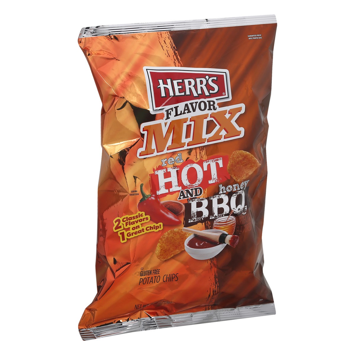 slide 7 of 10, Herr's Potato Chips, Red Hot and Honey BBQ, Flavor Mix, 9 oz