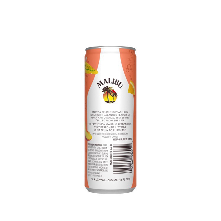 slide 3 of 15, Malibu Rum Cans Malibu Ready to Drink Peach Rum Punch 355ML 4 Pack, 7 Proof, 355 ml