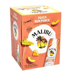 Malibu Rum Cans Malibu Ready to Drink Peach Rum Punch 355ML 4 Pack, 7 Proof
