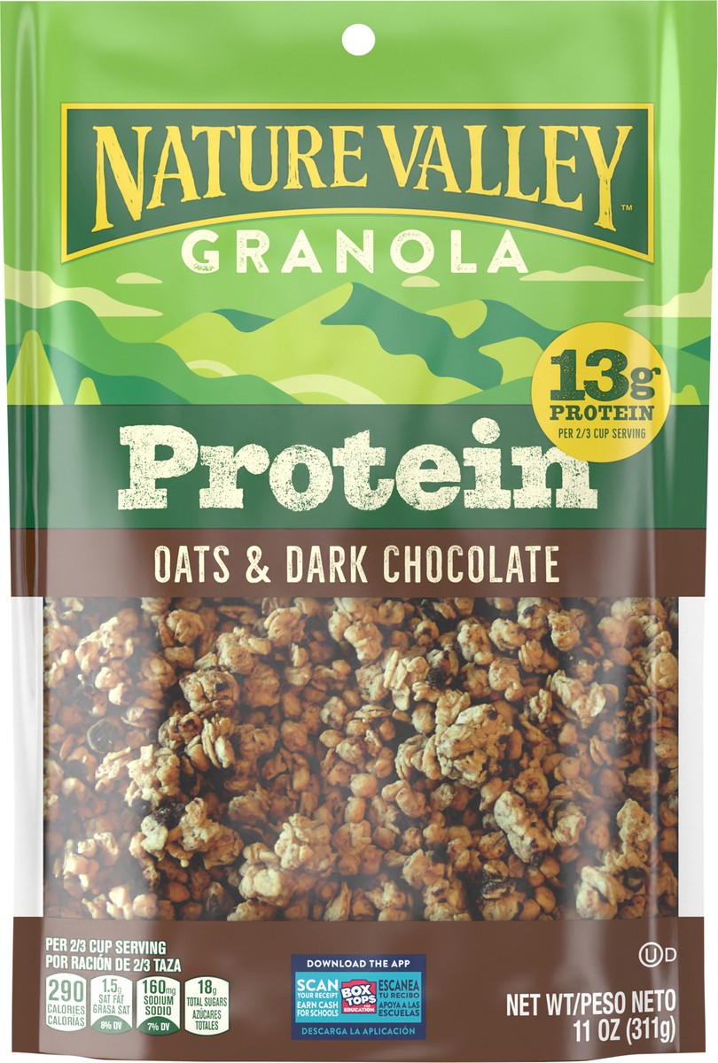 slide 3 of 13, Nature Valley Protein Granola, Oats and Dark Chocolate, Resealable Bag, 11 OZ, 11 oz